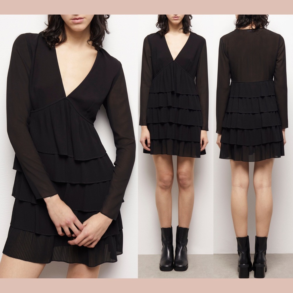 NWT$395 The Kooples [ 1 ] V-Neck Long Sleeve Pleat Tiered Mini Dress Black T2133
